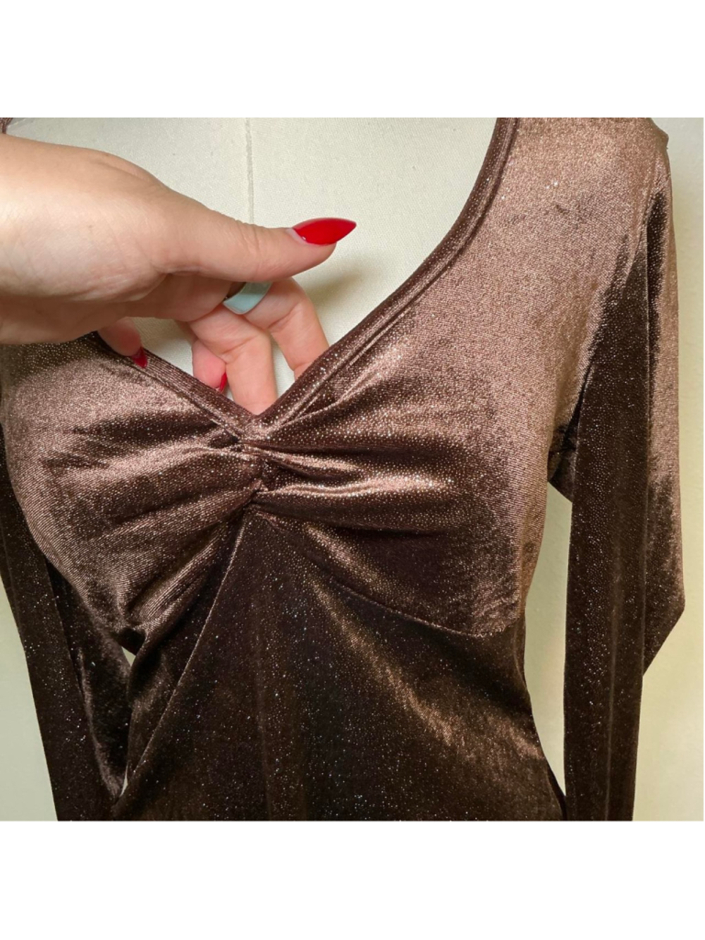Y2K Brown Shimmer Velvet Top XL Long Sleeve Ruched Front Party Top - Picture 3 of 4